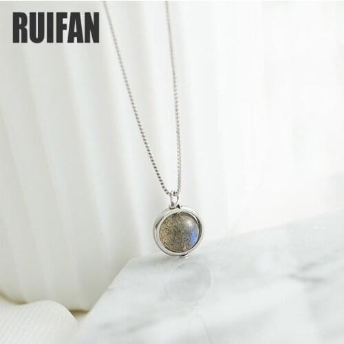 Ruifan Round Nature Gray Moonstone 925 Sterling Silver Pendant Necklace for Women Female Necklaces Fine Jewelry Hot Sale YNC061