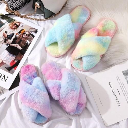 Rainbow Faux Fur Sandals Girls Shoes Winter Warm Home Breathable Cross Furry Slippers Soft Plush Flip Flop Womens Sandal 2020