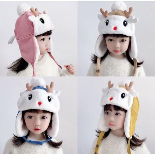 SMGSLIB Baby Hats Girls Cartoon Antler Pompom Chin Strap Ear Flap Cap Warm Cotton Hat Warm Plush Winter Hat For girls 1-5 Years
