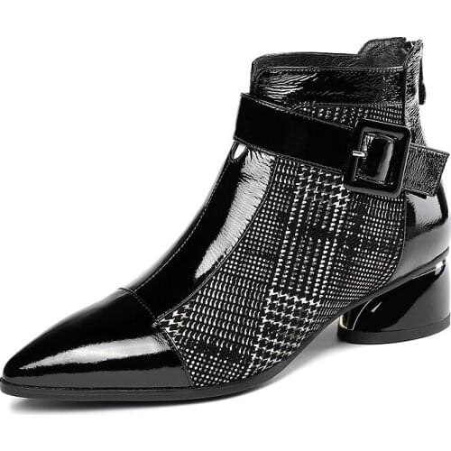 2019 Genuine Leather Boots Women warm Shoes Square Pointed Toe Autumn Western Boots 4cm High Heels Ladies Ankle Boots