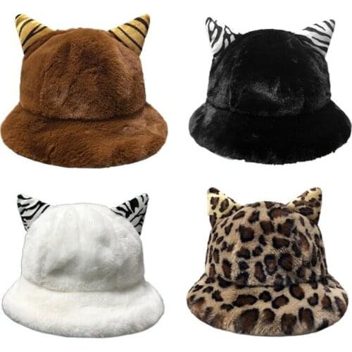 Women Winter Thicken Fuzzy Plush Dome Bucket Hat Korean Cute Cartoon Cat Ears Leopard Solid Color Warm Fisherman Cap