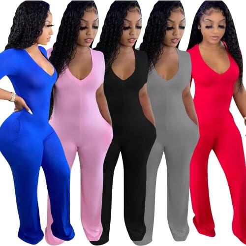 Casual Streetwear Short Sleeve Wide Leg Pants Jumpsuit Women Summer Sexy V Neck Solid Slim Rompers Overalls Women Clothing