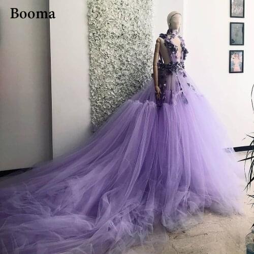 Booma Sexy Purple Tulle Evening Dresses Deep V-Neck Flowers See-through Prom Dresses Long Train A-Line Wedding Party Gowns