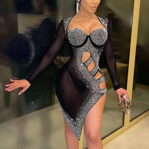 Women Sexy Long Sleeve Sequins Rhinestone Sheer Mesh Hollow Out Party Evening Bodycon Dress