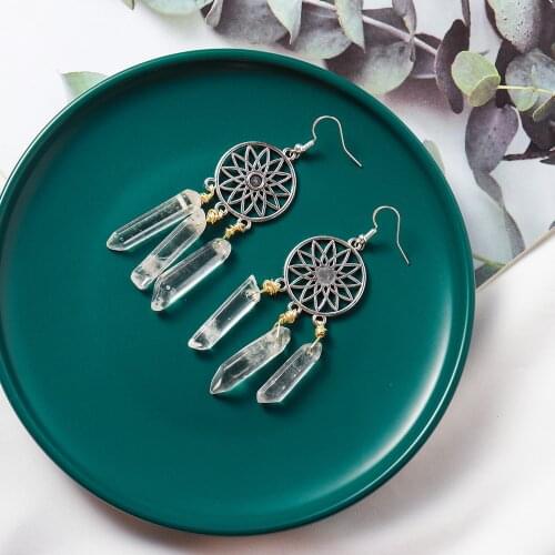 1 Pair Earrings Natural Selenite Crystal Clear Quartz Necklace Healing Stone Dream Net Crystal Point Women Ear Hook Ornaments
