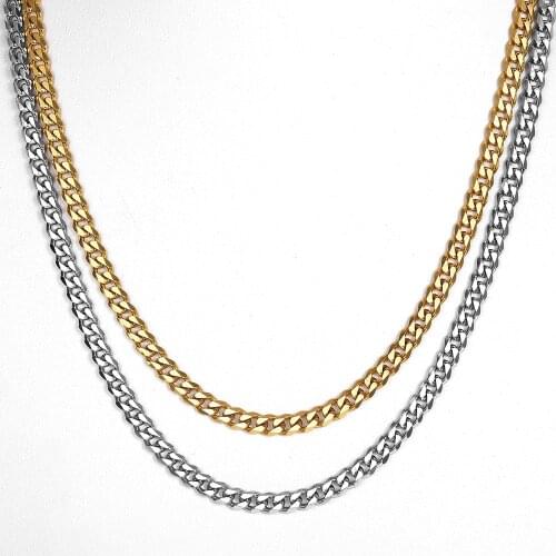 2pcs 5mm Gold Silver Color Stainless Steel Necklace Men Boys Simple Flat Curb Cuban Chain Fashion Layer Jewelry
