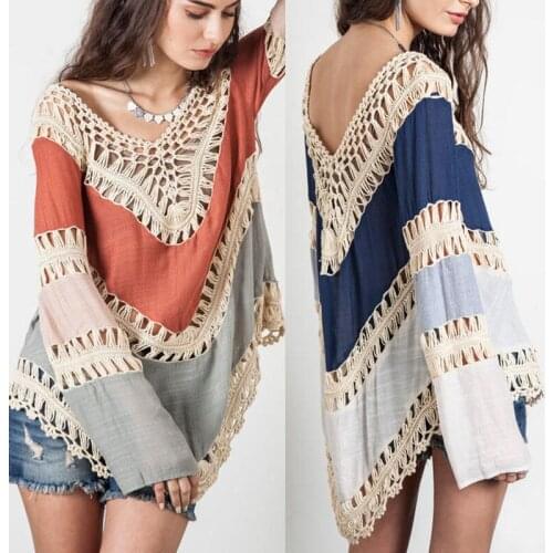 2018 Fashion Womens Long Sleeve Lace Knitwear Pullover Crochet Sweater Top Blouse Women shirt