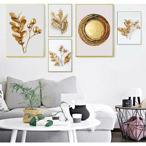 Abstract Modern Golden Leaf Wall Art Circle Nordic Posters And Prints Canvas Painting Wall Pictures Living Room Decoration Decor