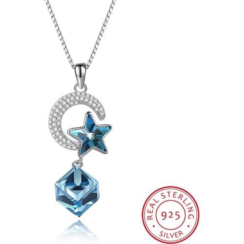 LEKANI Crystal Blue Star Cube Moon Pendant Necklace S925 Sterling Silver Chain Collares For Women Party Wedding