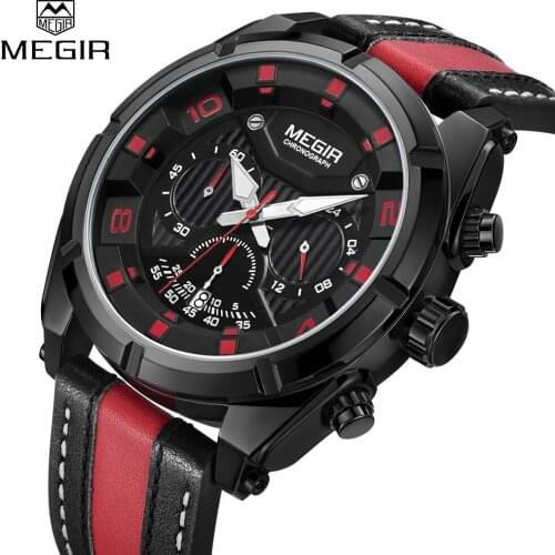 New MEGIR Military Sport Men Watches Creative Leather Strap Chronograph Calendar Dial Top Brand Fashion Men Quartz Wrist Watches