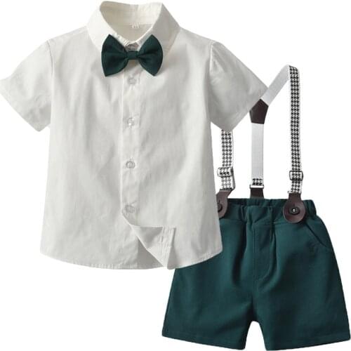 Kids Clothes Boys Summer Sets Toddler Infant Children Cotton White Shirt with Bow + Green Shorts 4 PCS Fashion Party Costume