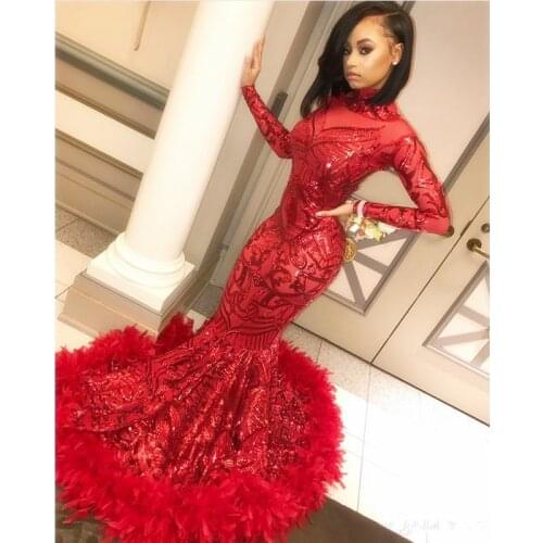 Red Prom Dresses New Long Sleeve Floor Length Sequined High Neck Formal Evening Dress Party Gowns вечернее платье 2020