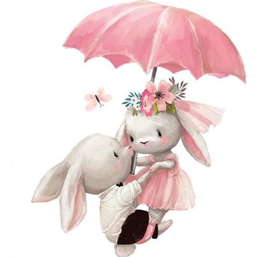 Rabbit Wall Stickers Cat Baby Nursery Wall ​Decals Pink Flower Cute Grey Bunny For Kids Room Home Decoration