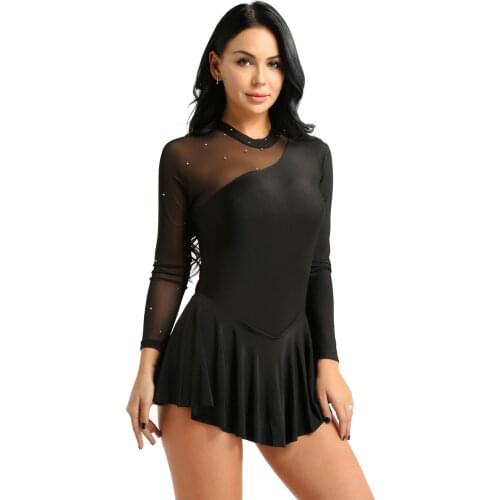 New Women Figure Ice Skating Dress Mesh Shiny Rhinestones pinSee Through Long Sleeves Gymnastics Leotard Ballet Dance Costume