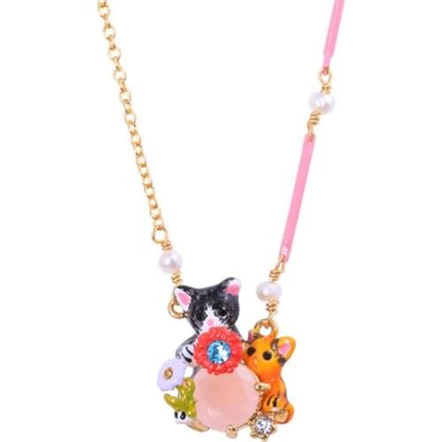 Pink Flower Enamel Glaze Cute Animal Kitten Necklace European and American Fashion Personality Trend Clavicle Chain Necklace