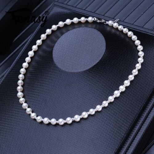FENASY Natural Freshwater Pearl Necklaces For Women Luxury Round 35 CM Choker Necklaces Wedding Jewelry Silver Accessories