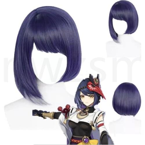 Genshin Impact Kujou Sara Cosplay Wig Crowfeather Kaburaya Cosplay Short Dark Blue Gray Girls Hair Inazuma + Wig Cap Accessories
