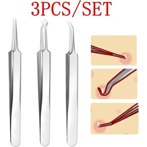 3PCS/Set Blackhead Comedone Acne Clip Whitehead Pimple Remover Bend Curved Tweezer Face Skin Care Tool Facial Pore Cleaner