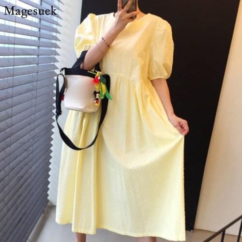 Chic Vintage Yellow White Summer Dress Women 2021 Puff Short Sleeve Long Dress Elegant Loose Party Casual Dress Robe Femme 13850