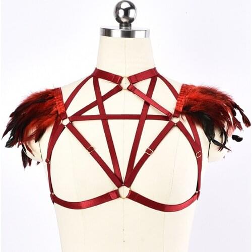Wholesale Red Feather Pentagram Body Harness Belt Bondage Body Cage Bra Burning Women Sexy Lingerie Goth Feather Harness