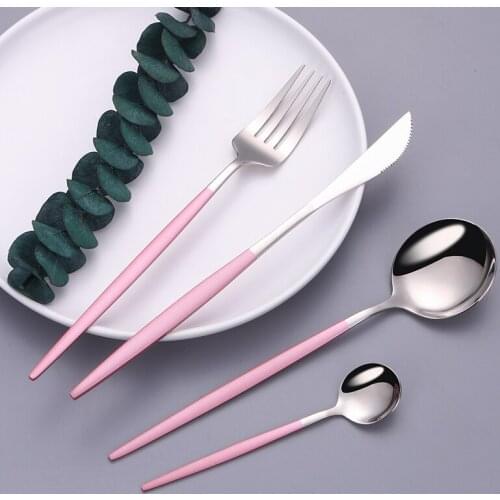 Tableware Stainless Steel Cutlery Set Pink Silver Tableware Dinnerware Set Forks Knives Spoon Cutlery Knife Fork Tea Spoon Set