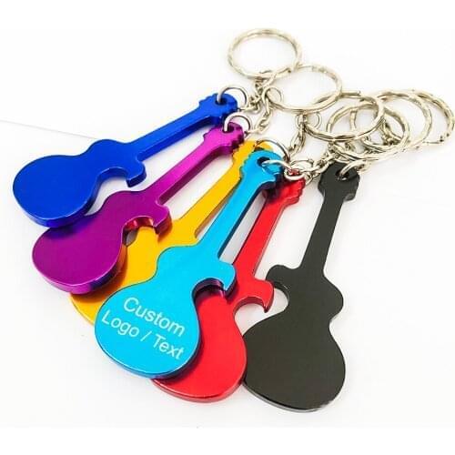 Promotional Gift Custom Logo Engraved Bottle Opener Keychain Guitar Shaped Metal Aluminum Keyring Key Tag Bottle Openers 100pcs