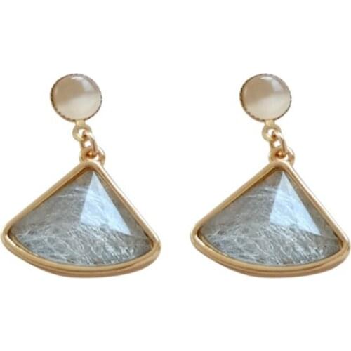 S925 silver trend creative geometric fan-shaped imitation opal earrings niche earrings female non-pierced ear clips