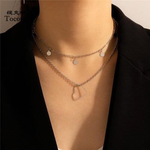 Tocona Trendy Hollow Heart Pendant Necklace for Women Silver Color Tassel Multilayer Clavicle Chain Bohemian Jewelry 17084