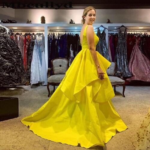 Yellow Long Satin Ball Gown Prom Dresses 2020 Double V Neck Tiered Formal Evening Party Dress Robe De Soiree