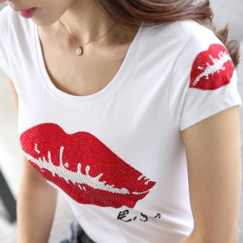 T-shirt female Rhinestone Red lips short-sleeved 2021 new summer tops womens diamond tshirts Femme white Tees Camisetas Mujer