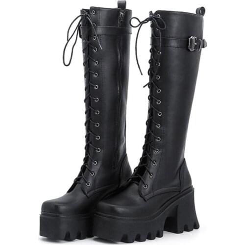 PXELENA Gothic Punk Women Thick Sole Platform Combat Knee High Boots Plus Size 35-43 Chunky Heels Riding Knight Military Shoes