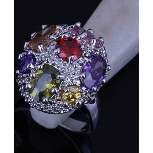 Love Monologue Multicolor Oval Shaped Silver Color Rings for Women Wedding Jewelry Size 7 / 8 J0301 Free Jewelry Bag