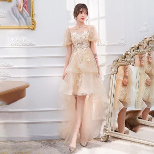 New Prom Dress Embroidery Strapless Ruched High-Low Elegant Short Sleeves Lace Up Plus size Women Formal Party Gown Women A773