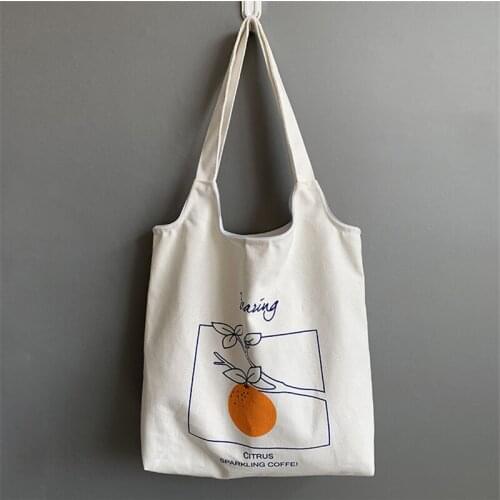2020 Women Casual Orange Print Reusable Cotton Canvas Tote Shopping Bag Grocery Bag