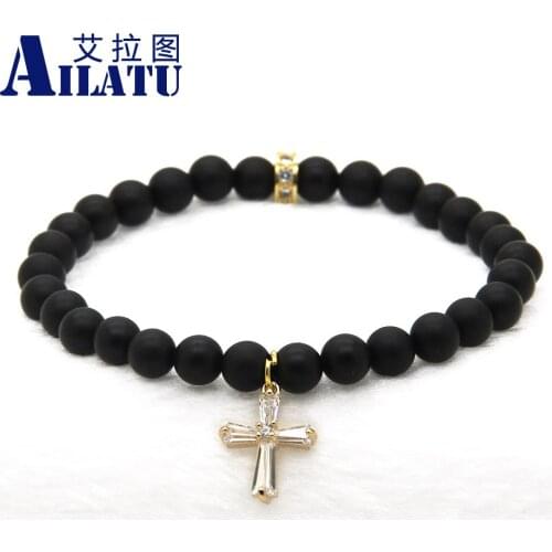 Ailatu Summer Jewelry Fashion Brand 6mm Matte Stone Clear Zircons Loyal Cross Cz Beads Bracelet