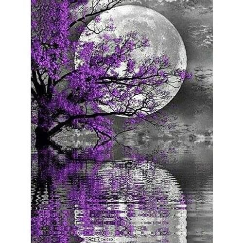 Diamond Embroidery Landscape Full Diamond Mosaic Purple Tree Moon with Square/Round Stones Picture of Rhinestones Diamond Art