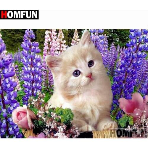 HOMFUN Diamond Painting Cross Stitch "Cat flower" Full Crystal Diamond Embroidery Needlework Craft Home Decor A15014