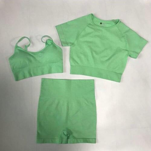 3 Piece Seamless Yoga Set Women Gym Workout Clothes Sports Bra+Short Sleeve Fitness Crop Top+High Waist Running Shorts Legging