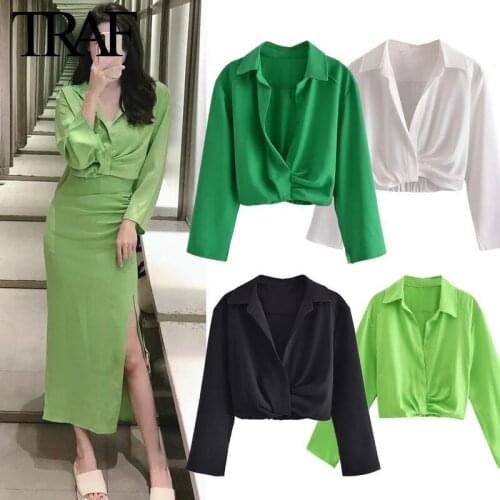 Traf Za Blouse Femme Spring Autumn Women Clothes 2021 Long Sleeve Top Chic White Crop Ladies Tops Shirt