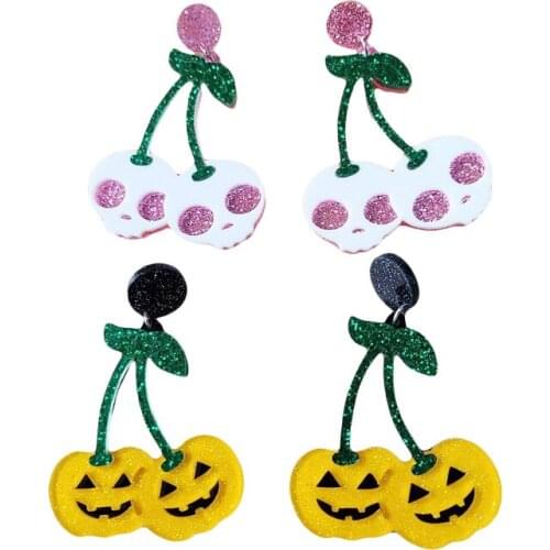 Halloween Creepy Pumpkin Ghost Devil Earrings Funny Drop Oil Skeleton Ghost Head Cherry Acrylic Drop Earrings Fashion E21600