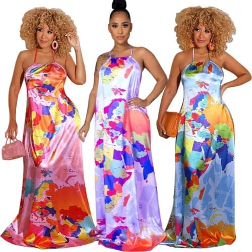 World Map Letter Print Halter Womens Long Dress Beach Open Back A-line Beach Party Floor Length Maxi Dresses Summer