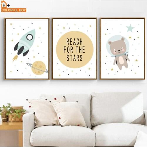 Bear Rocket Planet Nursery Wall Art Canvas Painting Cartoon Nordic Posters And Prints Wall Pictures For Girl Boy Kids Room Decor