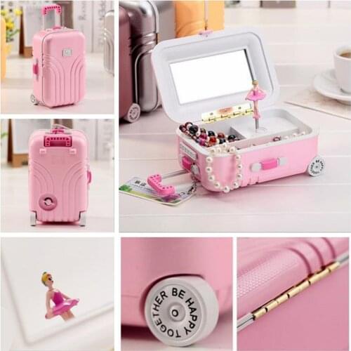Fashion Luggage Music Box Jewelry Box Lovely Gift Beautiful with Mirror Ballet Girl Rotate Music Box Lovers Gifts Storage Box
