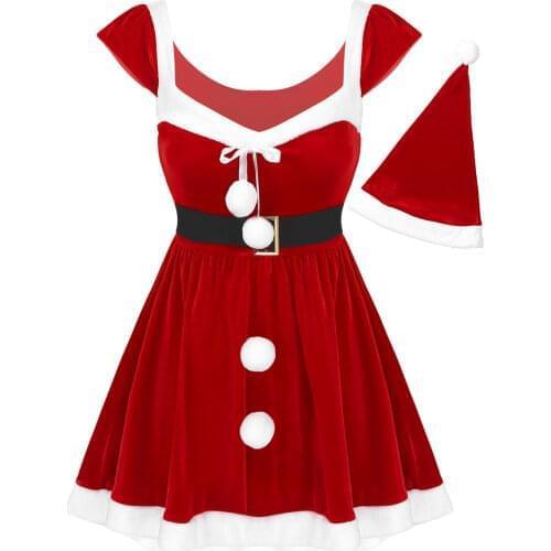 Women Adults Soft Velvet Christmas Santa Costume Fancy Dress Xmas Red Clothing White Flannel Trim Mini Dress with Hat