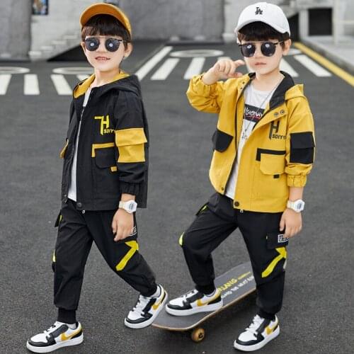 Autumn Kids Boys Outfits Jogger Set Hooded Black/yellow Jackets + Pants Two Piece Sport Sets Fashion Teenage Clothes 4 8 12Years
