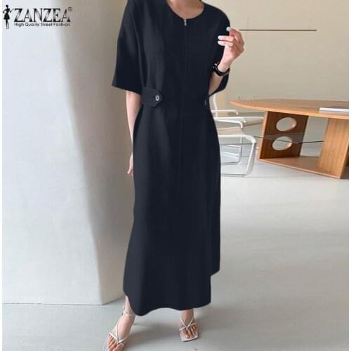 ZANZEA Female Elegant Oneck Chic Vestidos Casual Solid Color Robe Femme Summer Half Sleeve Oversize Maxi Dress Womens Sundress