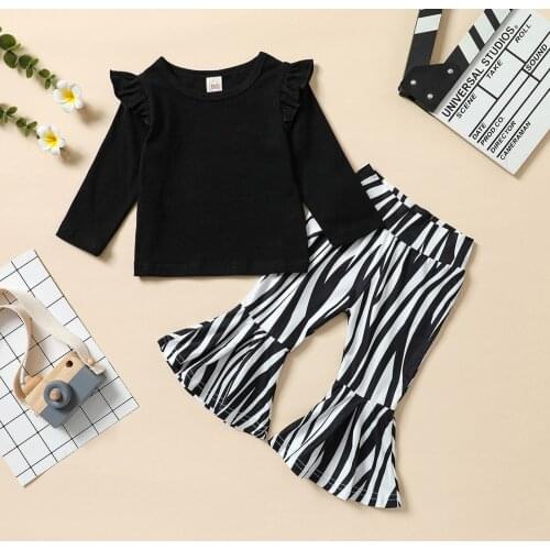 Infant Baby Girls 2pcs Casual Outfits Solid Fly Sleeve Pullover + Flared Zebra-stripe Print Pants Autumn Winter Knitted Clothes