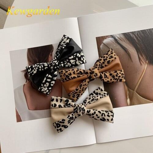 Kewgarden Girls new temperament leopard grain Mosaic leather bowknot hairpin childrens hair accessories 3pcs