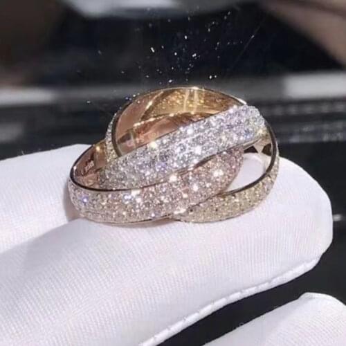 Triple Circles Gold/Rose Gold/Silver Rings for Women Men Three Colors 925 Silver Pave diamond Women Wedding Ring Finger Jewelry