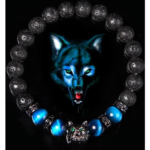 Wolf Charm Bracelets Men Natural Black Lava Stone Bracelets Brave Tiger Eye Bracelets Women Elastic Jewelry 8 mm Beads Pulsera